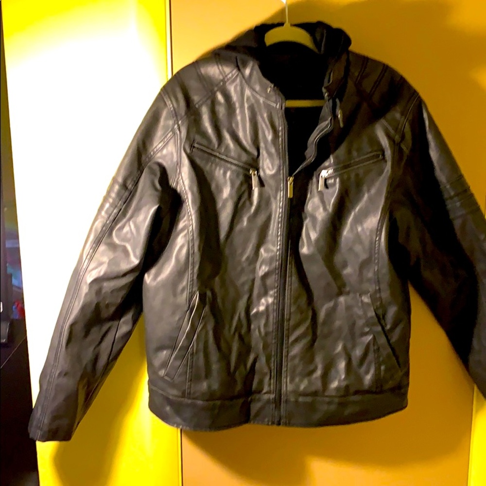 Structure vegan leather jacket blk w hood